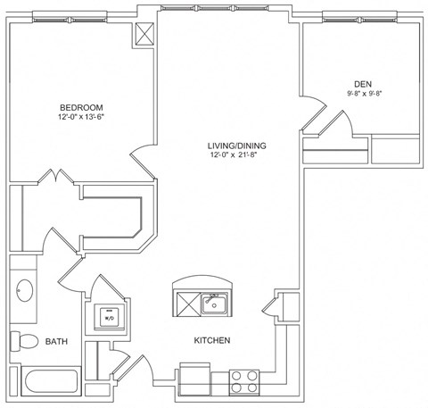Floor plan for 1 bed, 1 bath, 944 sqft